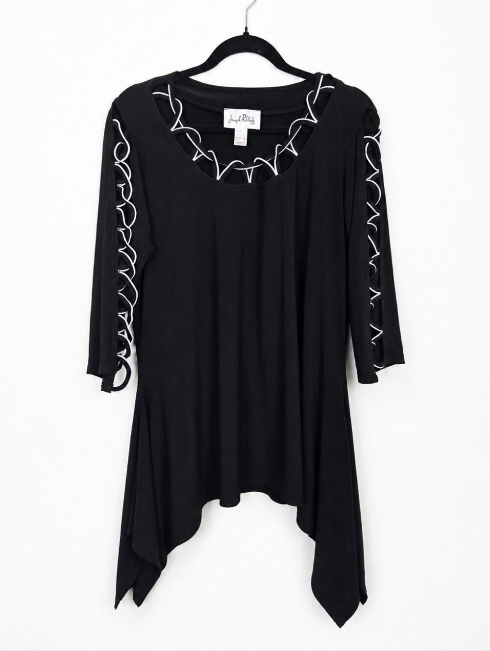 Joseph Ribkoff 14 Black Lagenlook Art to Wear Cutout Sleeve Asymmetrical Tunic